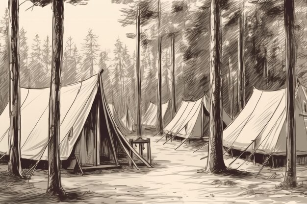 Cozy camping scene with tents nestled in the forest