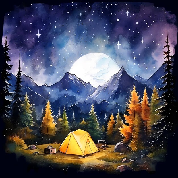 cozy campsite in the autumn mountains Fantasy Sky Night stargazing watercolor