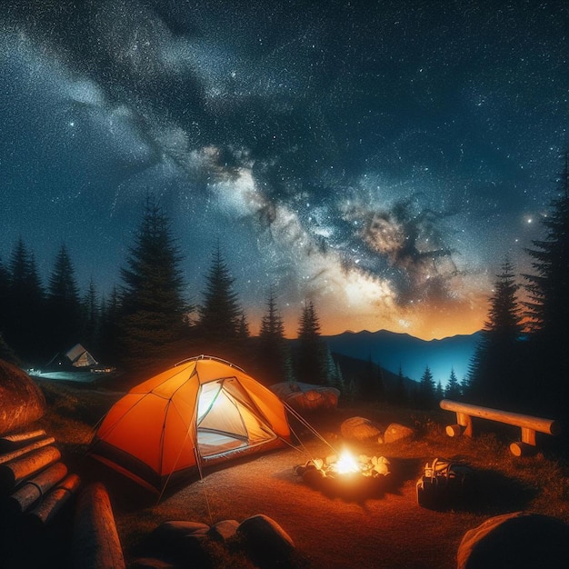 A cozy campsite under a starstudded sky in the wilderness with the Milky Way clearly visible