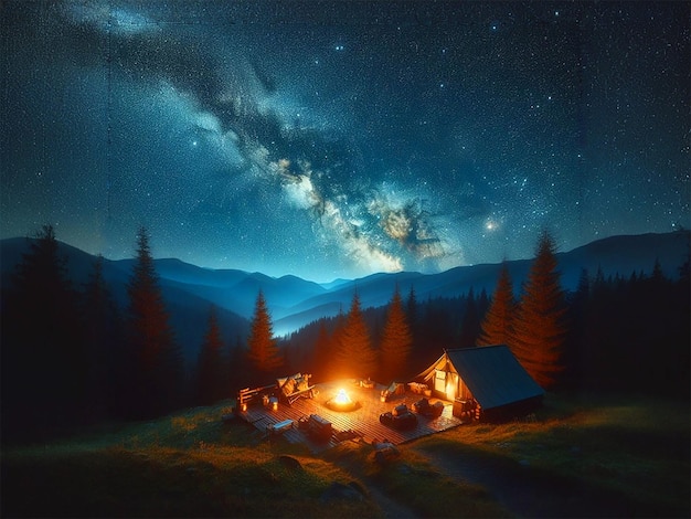 A cozy campsite under a starstudded sky in the wilderness with the Milky Way clearly visible