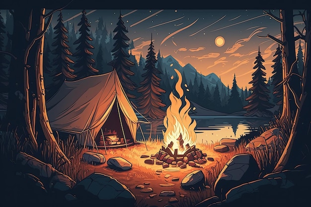 Cozy campsite with a glowing campfire and tent under the stars Generative AI