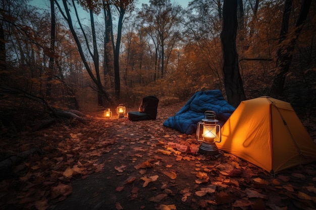 Cozy campsite with lantern and warm blankets at night created with generative ai