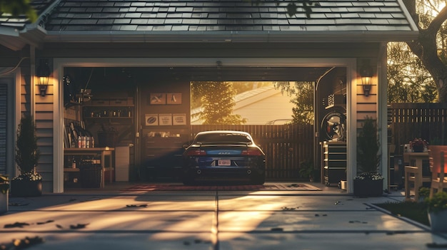 A cozy car garage with a sunlit backdrop AI generated illustration