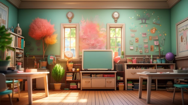 Фото Уютный класс мультфильмов с розовыми деревьями