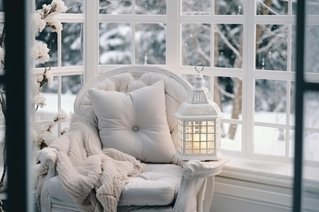 Photo cozy chair by the window with a lantern in a snowy setting