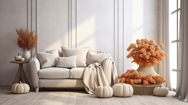 Cozy chair with pillows and blanket in a modern home autumn decor from dry leaves