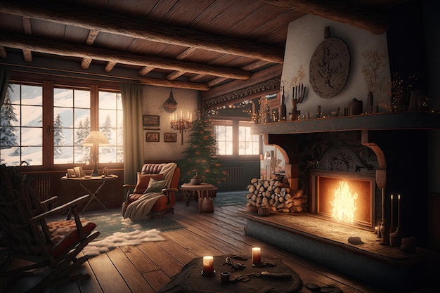 Cozy chalet with roaring fire and warm decor for a cozy winter getaway created with generative ai