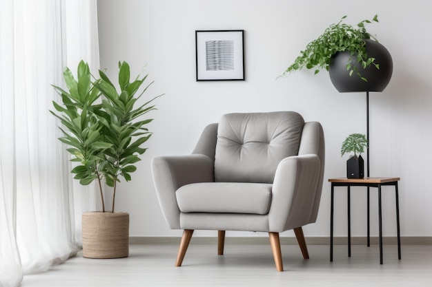 Photo cozy and chic a modern living room oasis with a stylish grey armchair and vibrant greenery