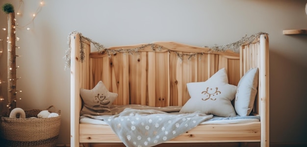 Photo cozy children bedroom with wood bed and lights toddler room with decor and rustic wooden furniture g