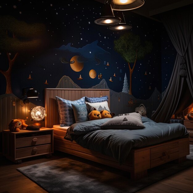 Cozy childrens room at night featuring a bed under soft bedside lamp light