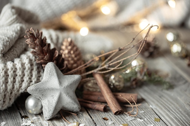 Cozy christmas background with decorative star closeup