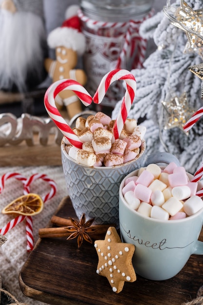 Cozy christmas composition with a cup and cookies. Hot chocolate with marshmallow.