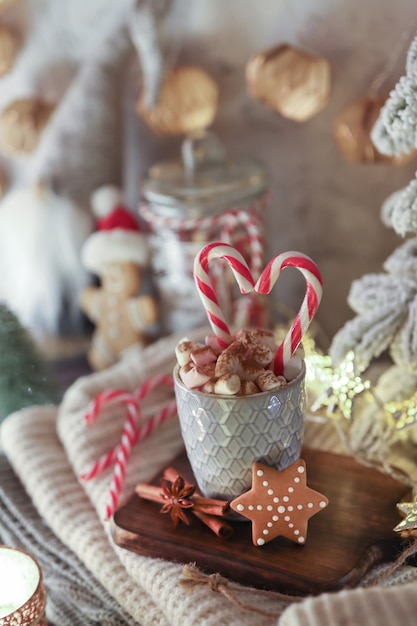 Cozy christmas composition with a cup and cookies. Hot chocolate with marshmallow.