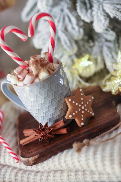 Composizione accogliente in natale con una tazza e biscotti. cioccolata calda con marshmallow.