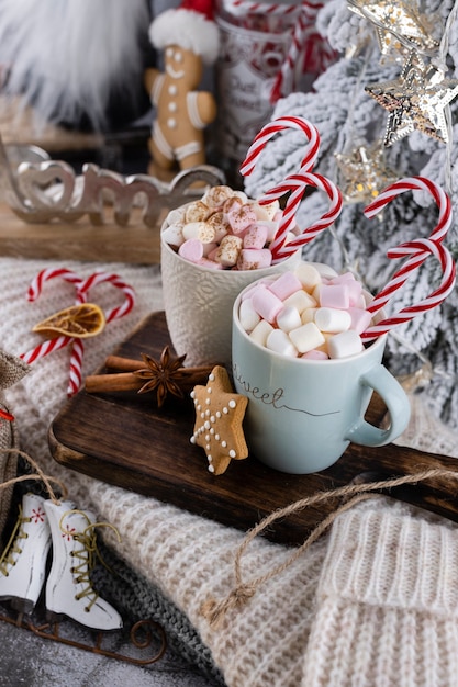 Composizione accogliente in natale con una tazza e biscotti. cioccolata calda con marshmallow.