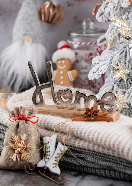 Cozy christmas composition with a cup and cookies. Hot chocolate with marshmallow.