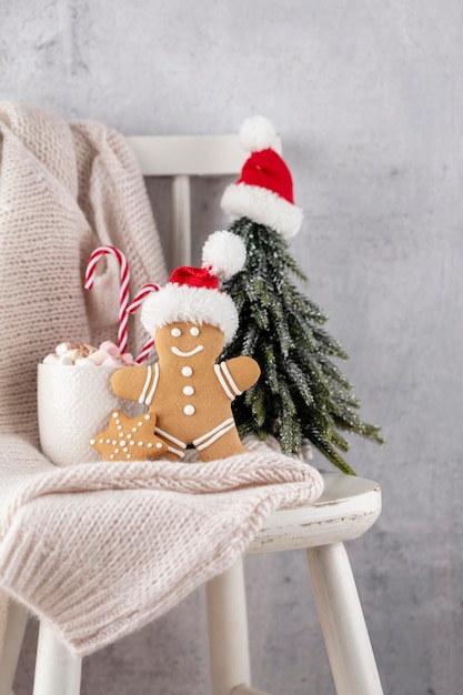 Cozy christmas composition with a cup and cookies. Hot chocolate with marshmallow.