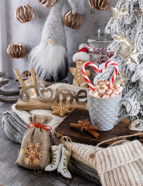 Cozy christmas composition with a cup and cookies. Hot chocolate with marshmallow.