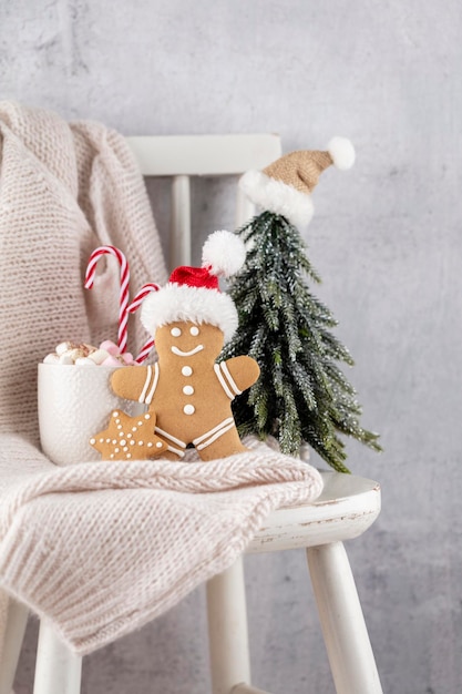 Cozy christmas composition with a cup and cookies Hot chocolate with marshmallow