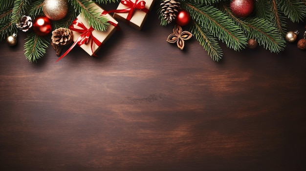 Cozy Christmas Decorations on Rustic Wooden Table with Gift Wrapped in Red Ribbon Generative AI