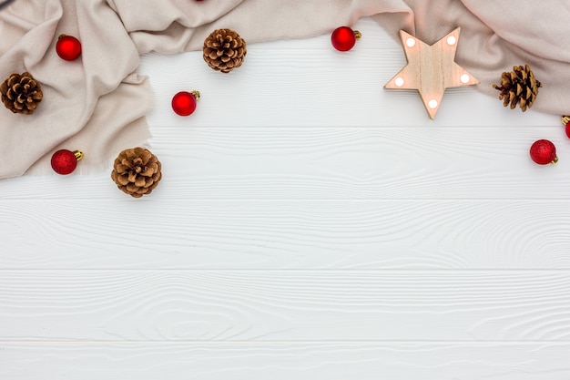 Cozy christmas evening flat lay white wooden