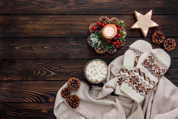 Cozy christmas evening with cocoa flat lay