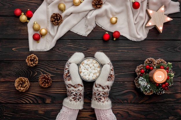 Cozy christmas evening with cocoa flat lay