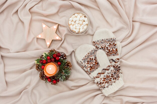 Cozy christmas evening with cocoa flat lay