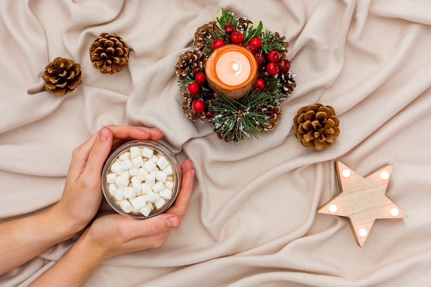 Cozy christmas evening with cocoa flat lay