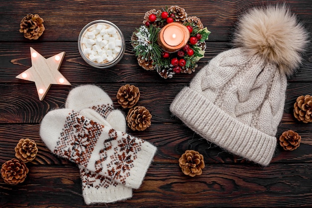 Photo cozy christmas evening with cocoa flat lay