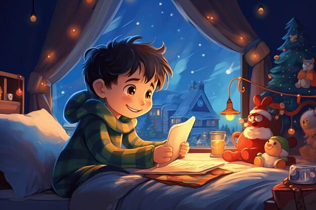 Photo a cozy christmas evening a young boy writes down his wishes to santi