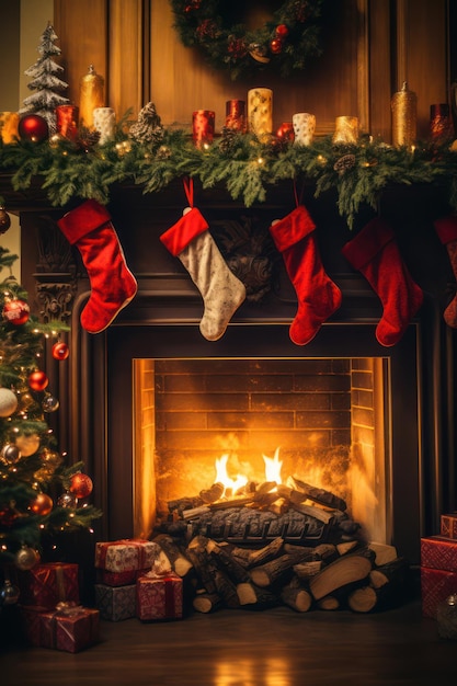 Фото Уютный рождественский камин украшен сезонным празднованием в теплом домашнем интерьере