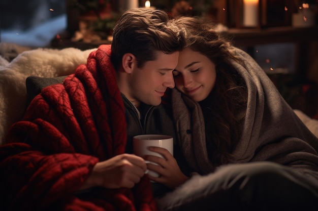 a cozy Christmas morning cuddled up in blankets sipping hot cider and sharing stories