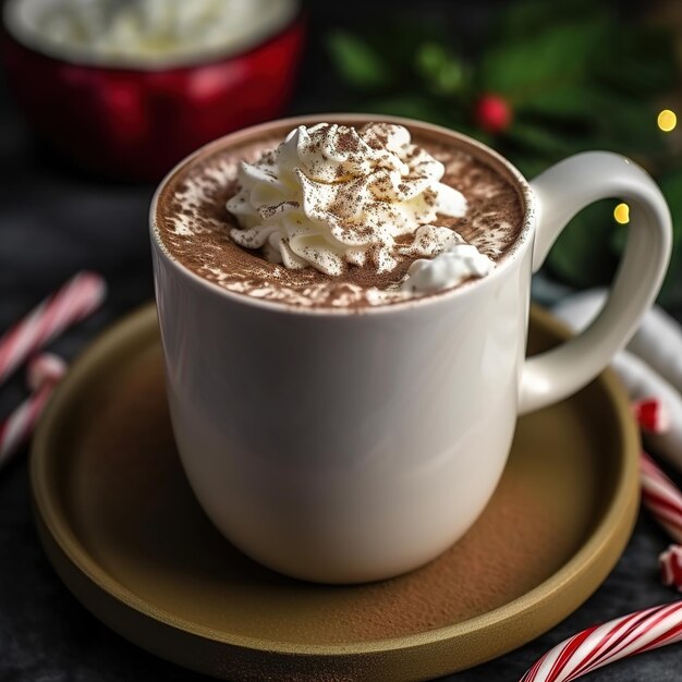 Cozy christmas photo with a mug of cocoa