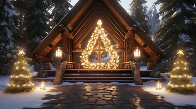 아한 크리스마스 리트리트 3D 크리스마스 트리의 일러스트레이션 나무 집에서 불빛
