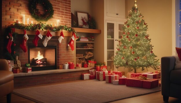 Photo a cozy christmas scene in a living room with brick fireplace realistic photo generated by ai