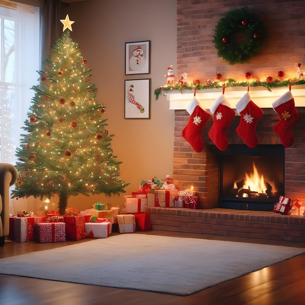 Photo a cozy christmas scene in a living room with brick fireplace realistic photo generated by ai