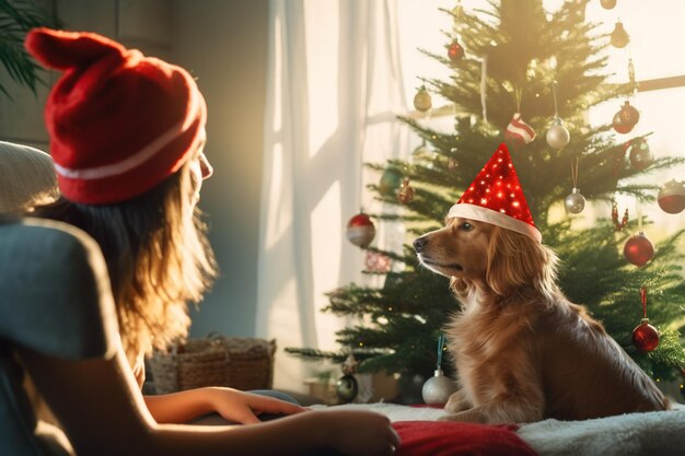 Cozy Christmas scene with a woman and her dog in front of a decorated tree AI Generated content