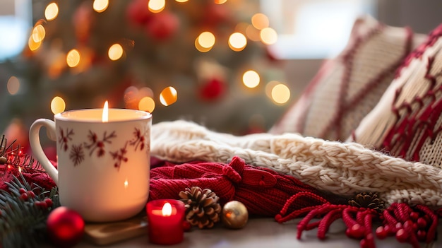 Photo a cozy christmas still life with a lit candle in a mug a stack of presents wrapped in red and white paper and a warm knitted blanket