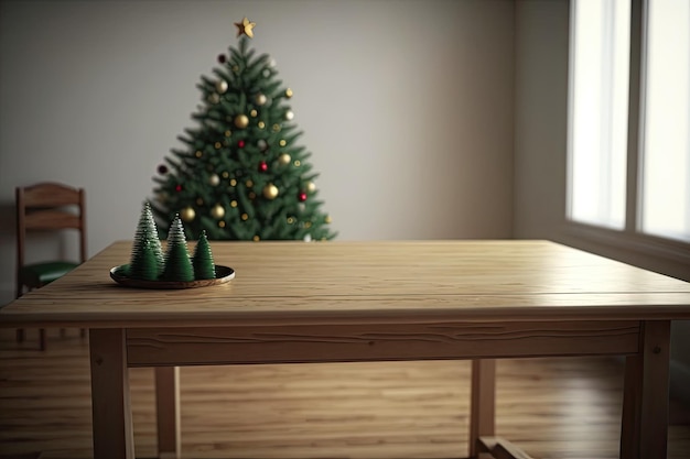 소박한 나무 테이블 위의 아늑한 크리스마스 트리 Generative AI