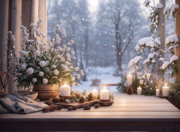 Cozy Christmas window decorations with flowers pinecones candles view to snowy forest