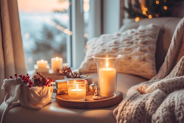 Cozy Christmas with soft blankets and candles capturing the essence of a relaxed holiday atmosphere