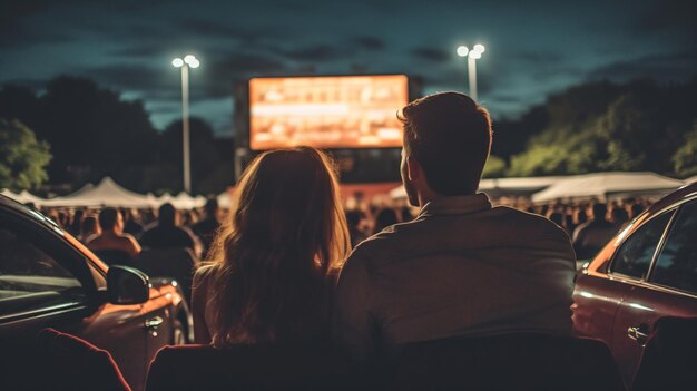 車の中で居心地の良い映画館 車の中で映画の夜を楽しむ 2 人の友人 生成 AI