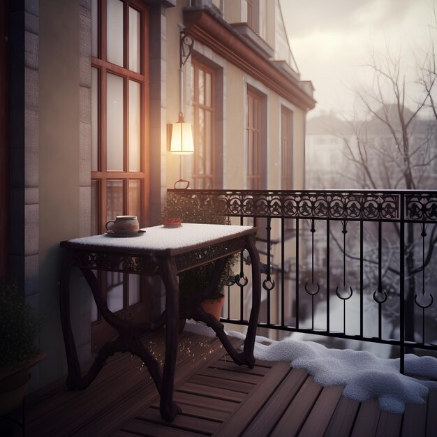 Cozy city terrace with table in winter evening