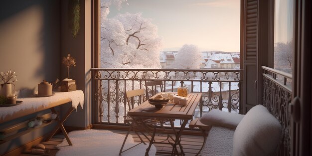 Cozy city terrace with table in winter