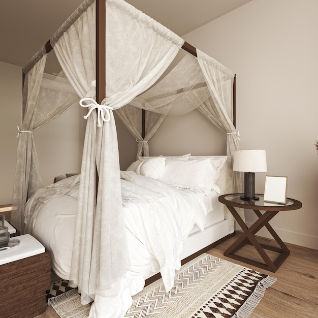 cozy coastal bedroom interior design with beige wall and decor wooden bed with canopy and white bedding 3d render high quality 3d illustration
