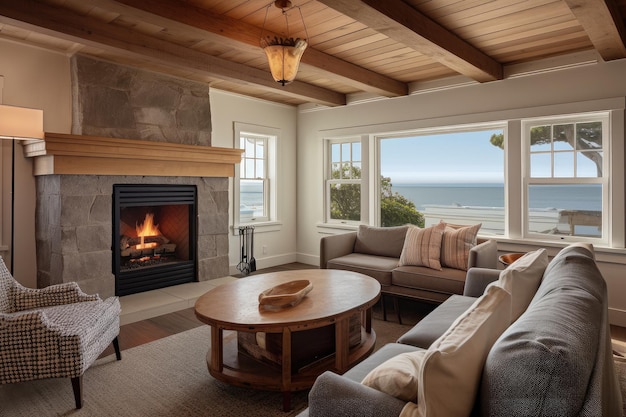 Cozy coastal home with fireplace comfy furniture and scenic views