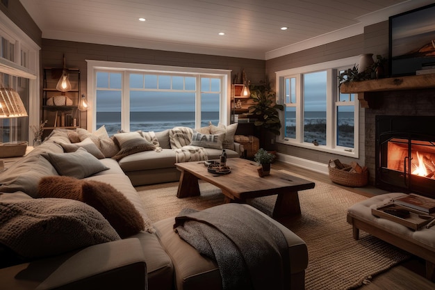 겨울 저녁에 완벽한 벽난로와 편안한 소파가 있는 아늑한 해안가 집