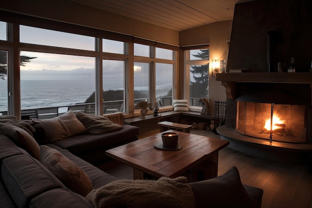 冬の夜に最適な暖炉と快適なソファを備えた居心地の良い海岸沿いの家