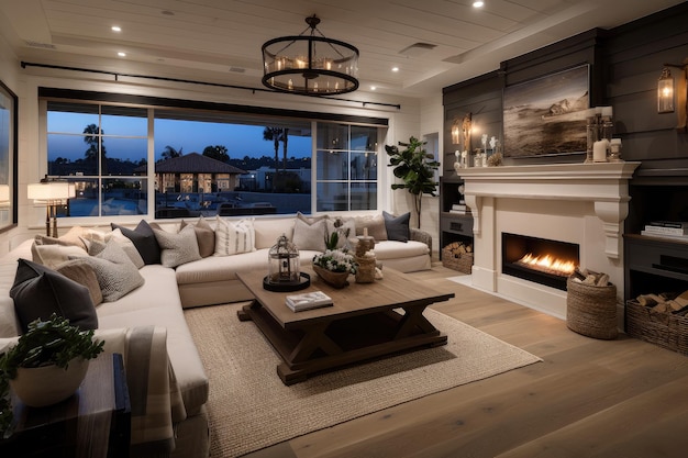 Cozy coastal home with fireplace and plush lounge for a cozy evening